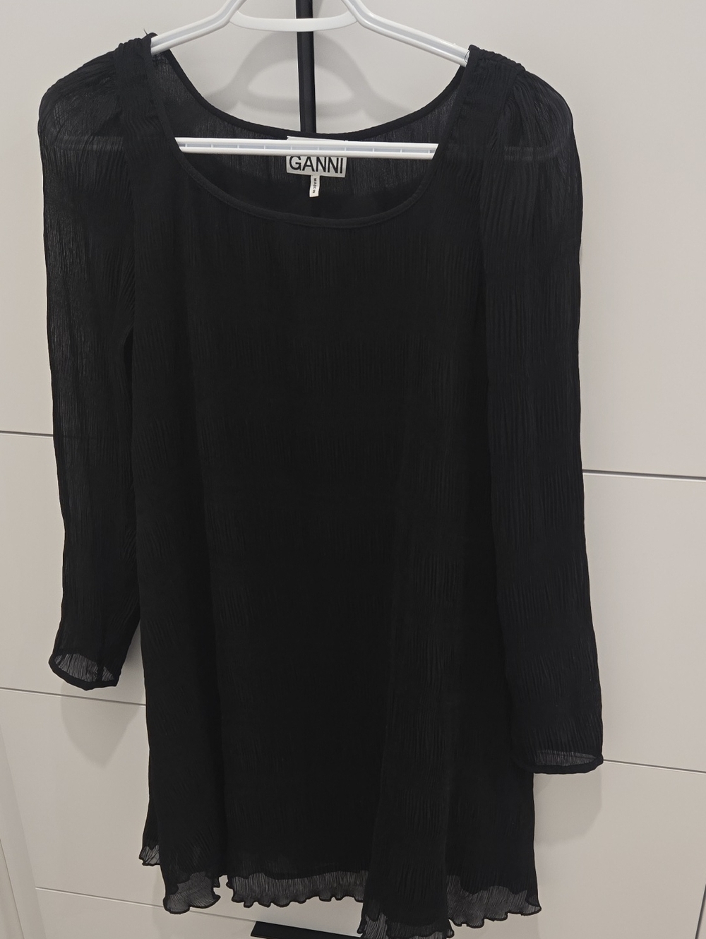Ganni Black Long-Sleeve Crinkled Mini Dress